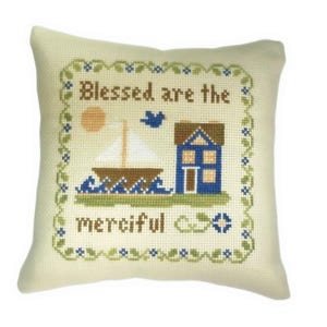 Blessed Are The Merciful handmade cross stitch mini pillow, friend gift, finished completed decor pillow