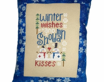 Mini almohada terminada en punto de cruz de bienvenida al invierno, punto de cruz completo, decoración de bienvenida, estante para sentarse