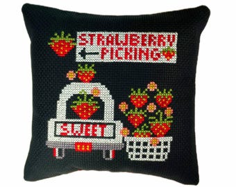 Mini almohada de punto de cruz hecha a mano con recolección de fresas, decoración de verano, almohada l terminada y completada
