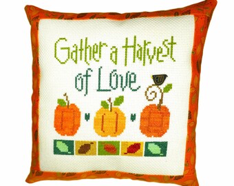 Gather a Harvest  of Love handmade cross stitch mini pillow, finished fall decor pillow, shelf sitter