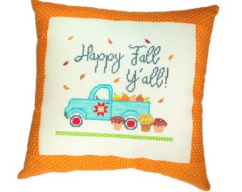 Happy Fall Y&#39;all truck finished cross stitch mini pillow, handmade completed shelf sitter, fall decor
