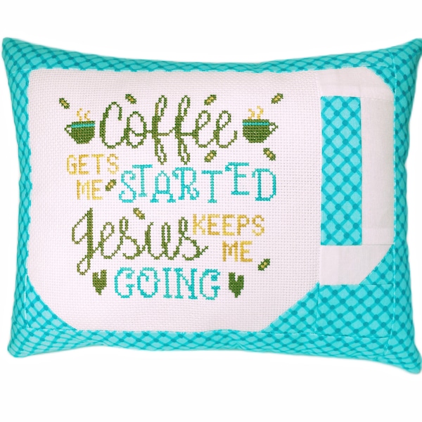 Coffee Gets Me Started Jesus Keeps Me Going finished cross stitch mini pillow, completed shelf sitter, coffee nook gift