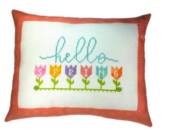 Mini almohada terminada en punto de cruz de Hola Primavera, punto de cruz completo, decoración de bienvenida, estante para sentarse