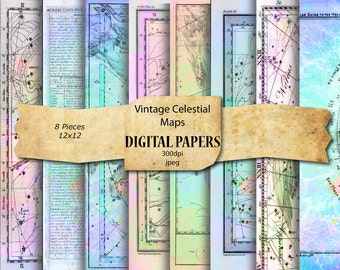 Vintage Digital Papers. Rainbow Celestial Maps. Historical Star Maps. Clip Art Papers for Invitations, Tags, Craft Projects. DP002