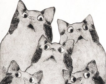 Etching / embossed print - "Cat Choir"