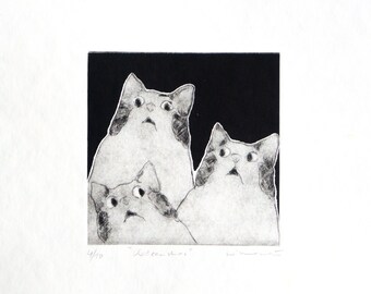 Etching / embossed print - "Night Cat Choir 3-part"