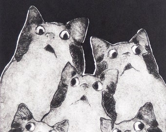 Etching / embossed print - "Cat Choir"