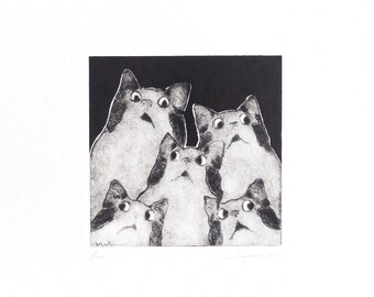 Etching / embossed print - "Cat Choir"