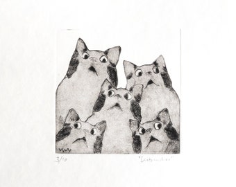 Etching / embossed print - "Cat Choir"