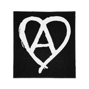 May include: A square fabric patch with a black background and a white screen-printed graphic. The design features a hand-drawn style heart shape with a capital letter A integrated into the center, creating a symbol with a textured, brush-stroke appearance.