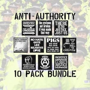 May include: A 10-pack bundle of black and white anti-authority patches with various slogans. The patches include phrases like "No Justice, Just Us" and "Resistance Rebellion Revolution". The text is in a bold, stencil-like font.