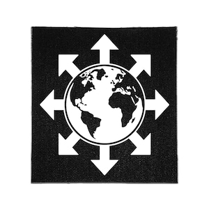 May include: A square black fabric patch featuring a white graphic design. The centre displays a circular globe icon surrounded by eight white arrows pointing outward in different directions, creating a star-like pattern against the black background.