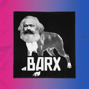 May include: A square black fabric patch featuring a white graphic print of a dog with the face of Karl Marx. Below the dog, the text BARX is printed in a bold, white, sans-serif font. The design uses a halftone dot pattern for shading.