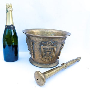EXTRA LARGE Antique French bronze mortar and pestle, Huge apothecary jar, Vintage gold pharmacy decor