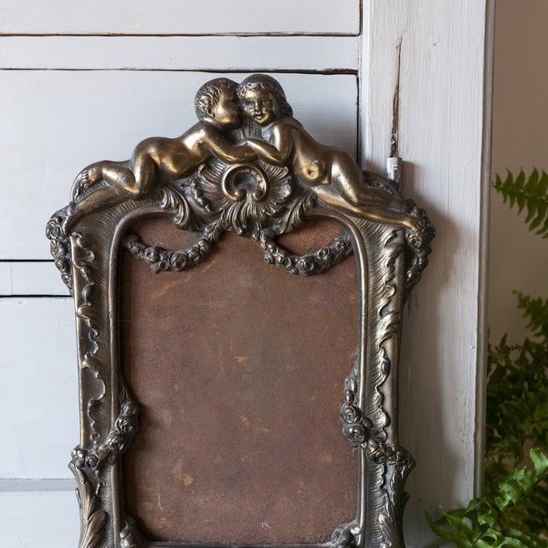 Porte photos en bronze vintage, Cadre portrait ancien métal doré chérubins, Décor floral 19e siècle