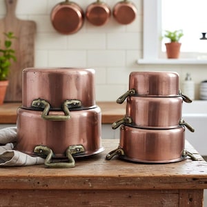 Vintage cooking pots with handles, French antique copper pots and pans, Small rustic saucepans set, French country decor cocottes