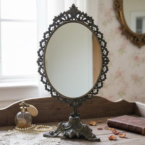 Vintage dressing table mirror brass, Antique vanity bathroom mirror, Standing dresser gold mirror