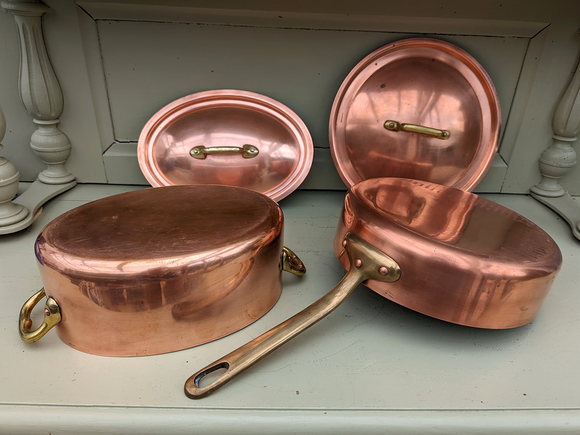 Vintage French tin lined copper pans, Copper cookware with lids, Country kitchen saucepan set, Oval copper pot