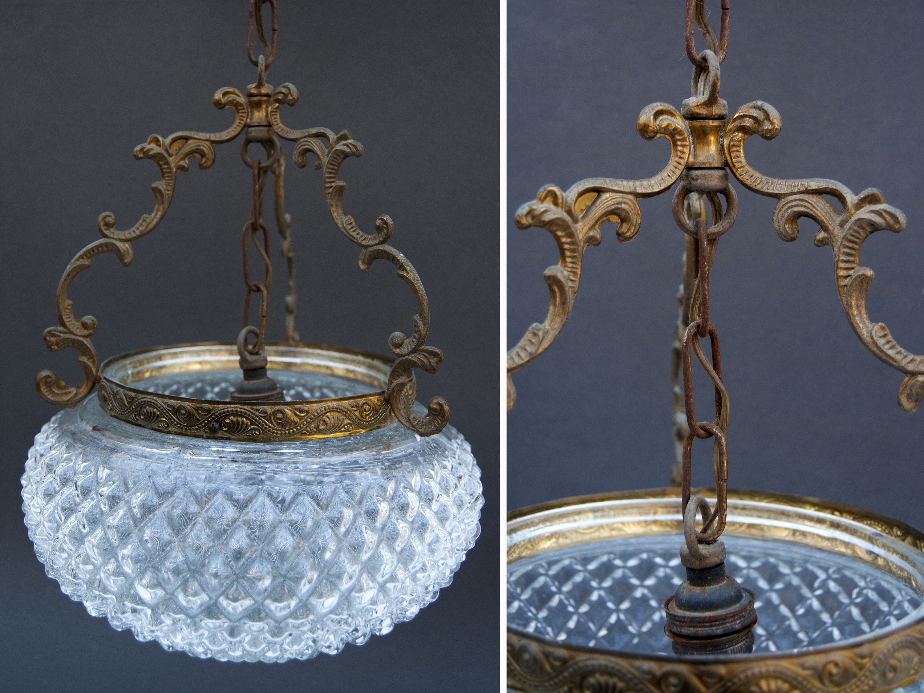 Suspension Bol en Verre et Métal Doré Vintage, Lampe Vasque Baroque Rococo