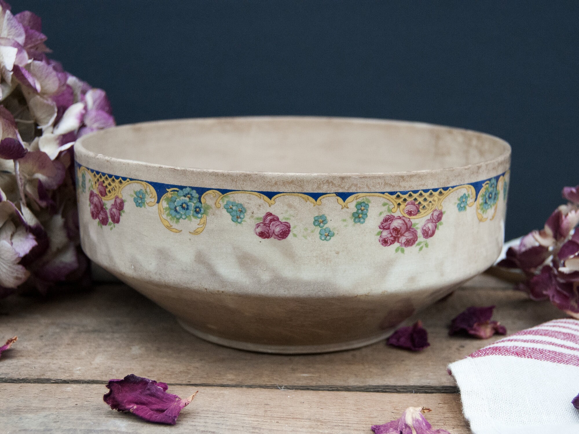 Saladier en Terre Cuite Vintage, Plat de Service Céramique Fleuri, Faïence Lunéville