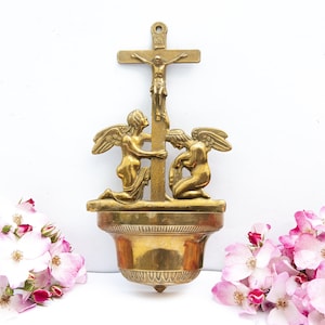 French antique brass holy water font, Vintage religious stoup in bronze with cherubs