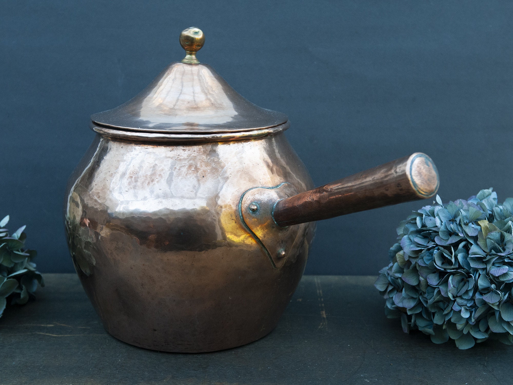 Casserole en Cuivre Martelé Vintage, Fait Tout avec Couvercle Ancien, Marmite Poignée 19E Siècle