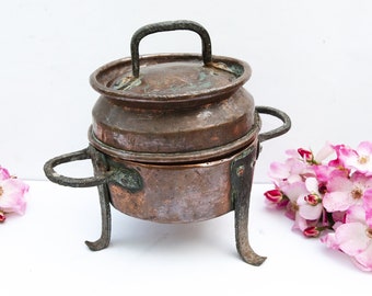 Vintage copper planter, Antique French round plant pot metal, French country decor
