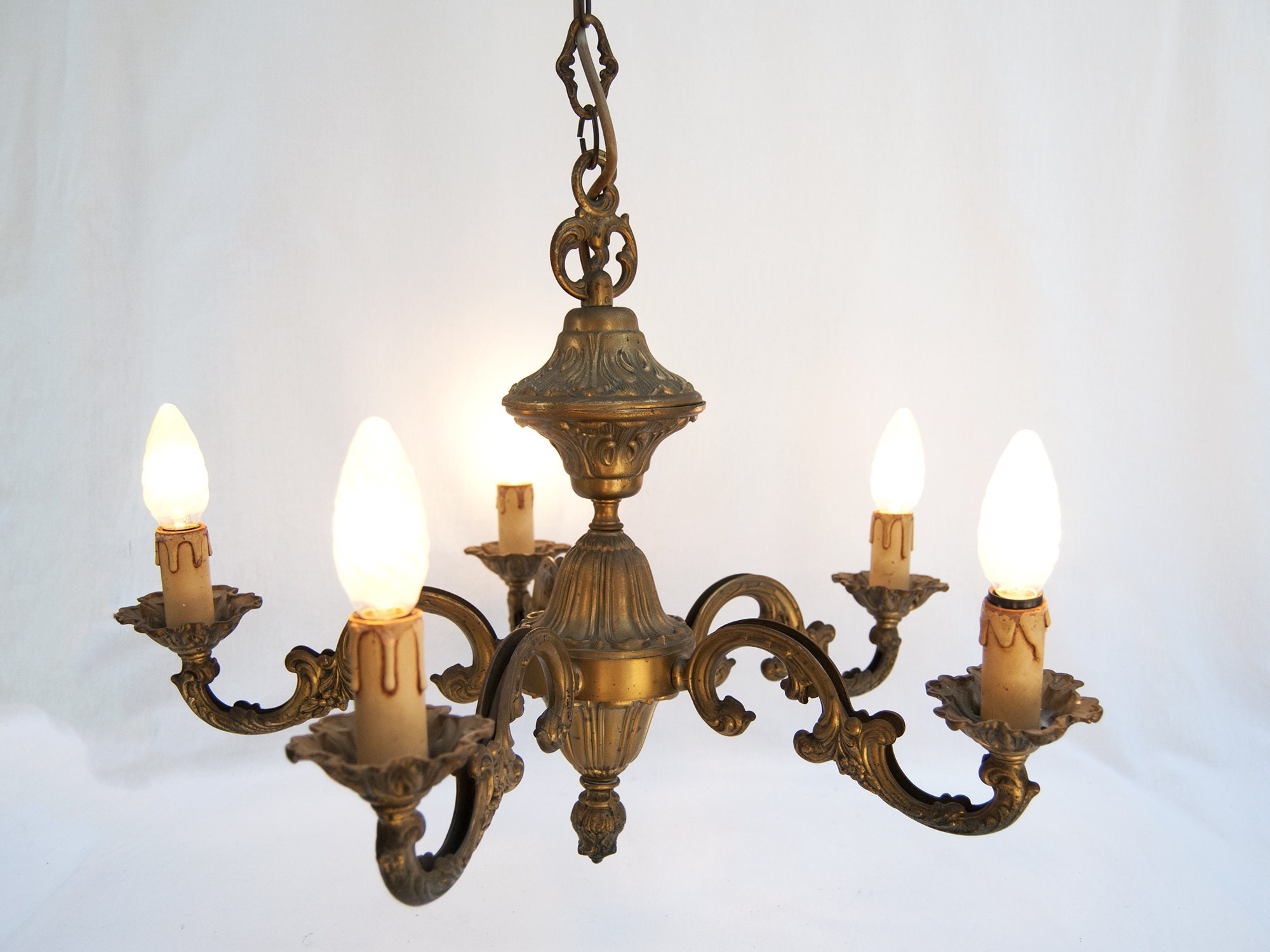 Lustre en Bronze Vintage à 5 Bras, Grand Luminaire Laiton Feux, Suspension Métal Doré