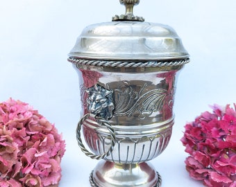 Vintage French silver ice bucket, Art nouveau champagne cooler silver plated metal, Lions head handles