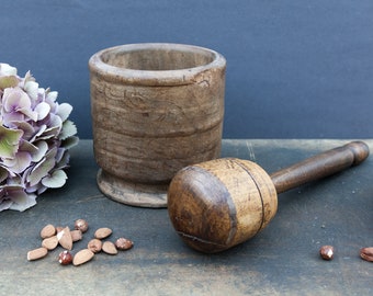 Antique French wood mortar and pestle, Vintage large wooden spice grinder, Rustic farmhouse jar