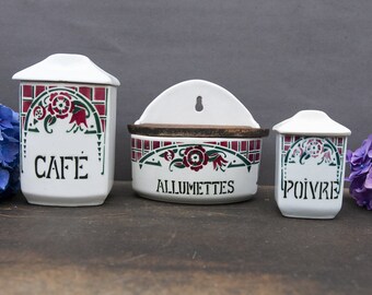 Ceramic matches canister with lid, Vintage Art deco canister set, Kitchen wall storage