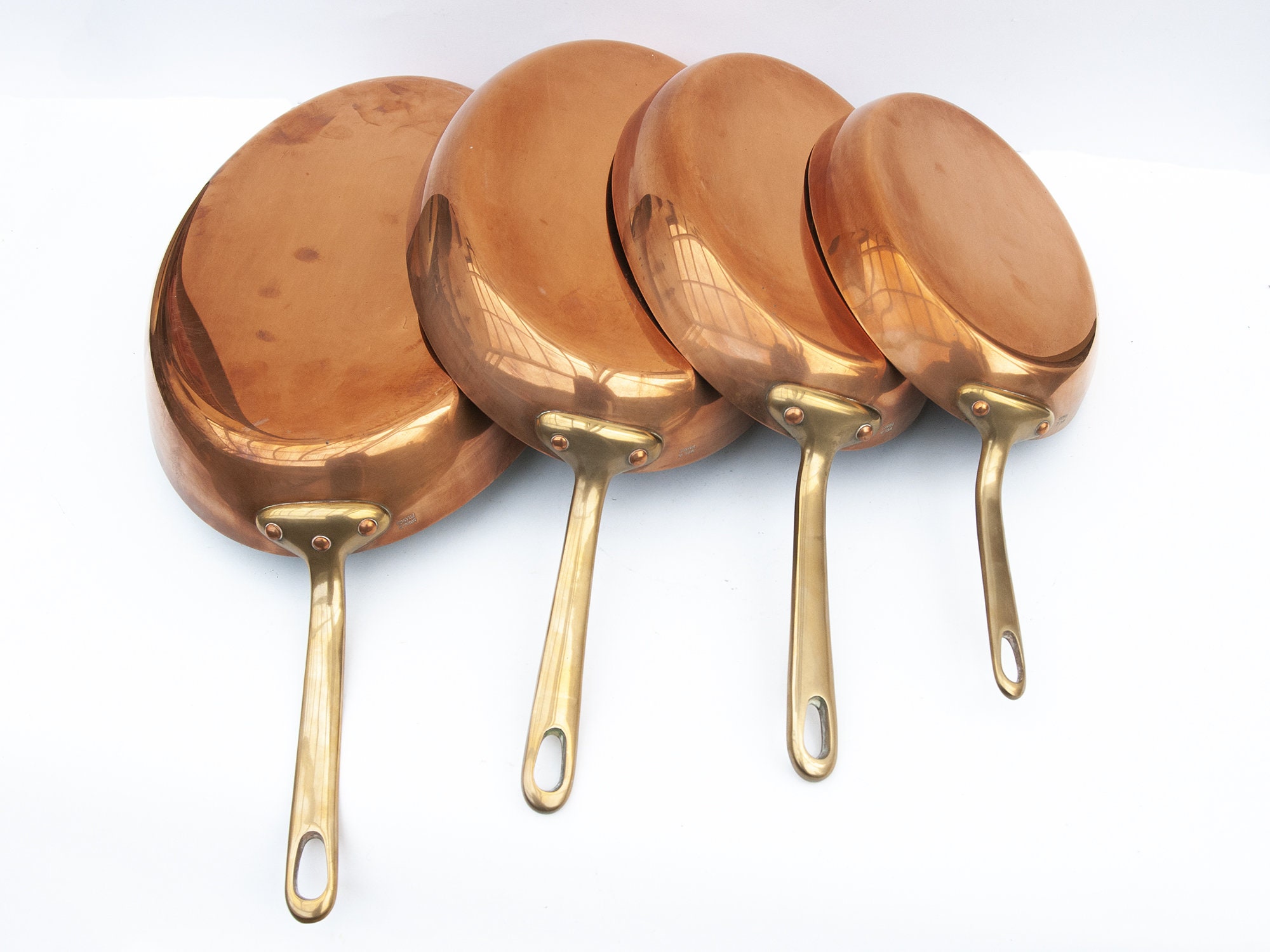 Poêles à Frire en Cuivre Vintage, Lot de 4 Casseroles Poisson Étamées Anciennes, Cuisine Rustique