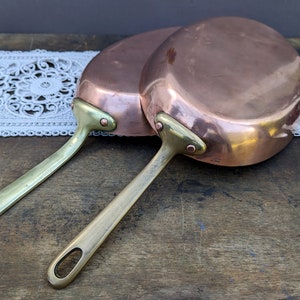 French vintage copper frying pans, Country kitchen fish cookware, Antique tin lined pan set