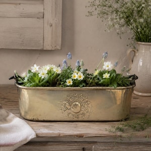 Maceta antigua de cobre repujado dorado – Maceta decorada de cobre amarillo – Pequeña olla antigua martillada para pescado, siglo XIX