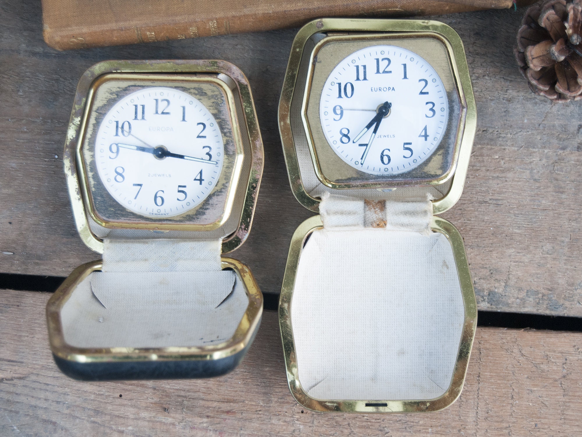 SET OF 2 Vintage travel wind up alarm clock Gold and black Etsy