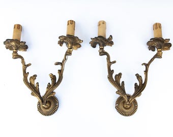 Paar antike Wandleuchten aus Bronze, vergoldete Messing-Wandlampe, romantische Dekoration, Schlafzimmerbeleuchtung im Rokoko-Stil