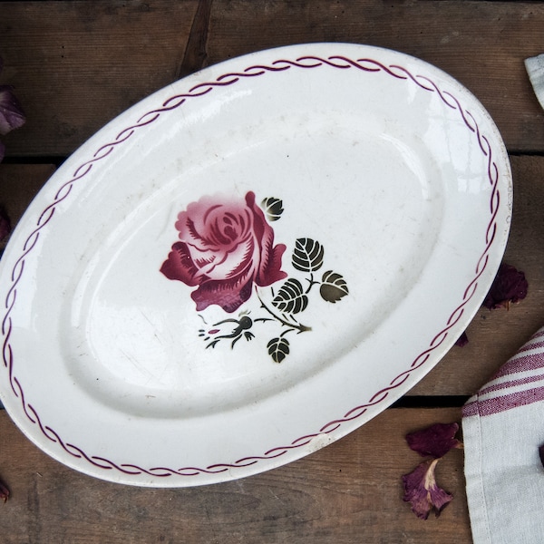 Plat à fleurs vintage en céramique, Grand plat oval ancien, Vaisselle Badonviller
