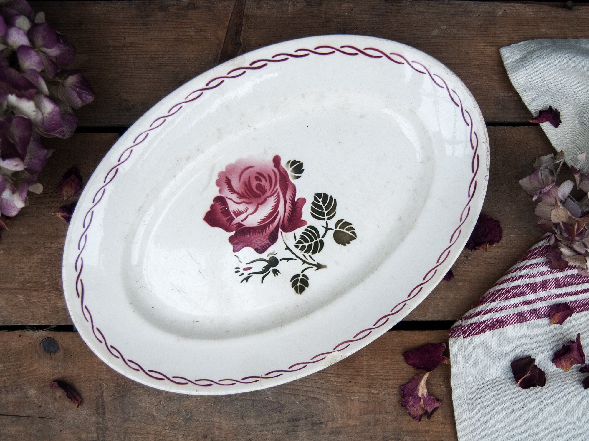 Plat à Fleurs Vintage en Céramique, Grand Plat Oval Ancien, Vaisselle Badonviller
