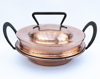Antique French copper cookware, Vintage pie pan, Tart serving dish with lid