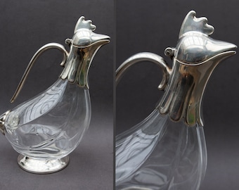 Antique glass mid century decanter, Silver plated metal rooster pitcher, Vintage water carafe