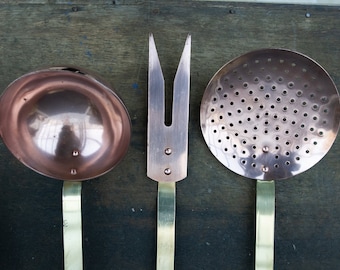French antique serving utensils set, Vintage copper cookware, Farmhouse kitchen utensils