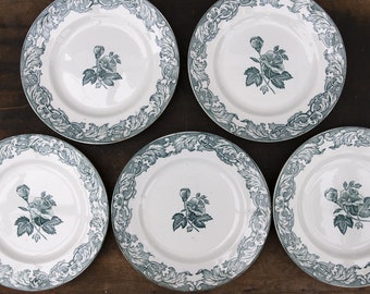 French antique ironstone dinner plates, Set of 5 ceramic plates vintage, Green transferware