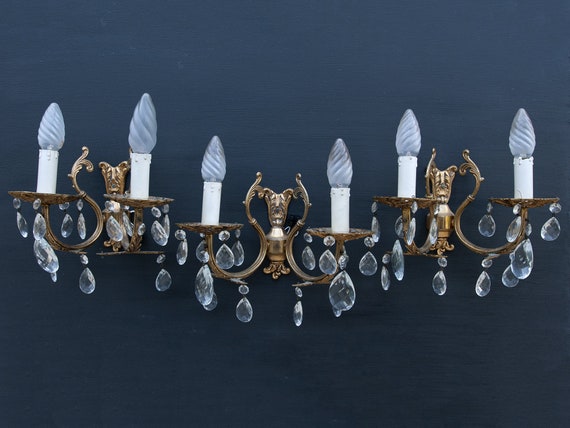 Appliques murales vintage à pampilles, Lampe bougeoir métal doré, Déco château