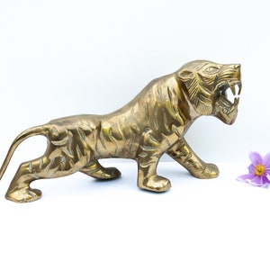 Vintage asian brass tiger, Big lion paperweight, Animal figurine gold metal, Sculpture gift