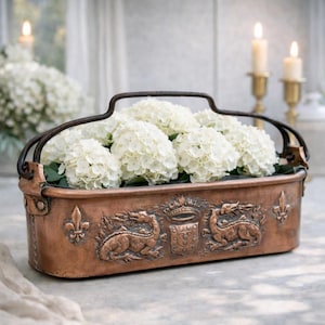 Stor antik repoussé-fiskkittel i koppar – Utsmyckat dekorerad vintageplanter – Fransk piggvarkruka med drake- och fleur-de-lis-motiv