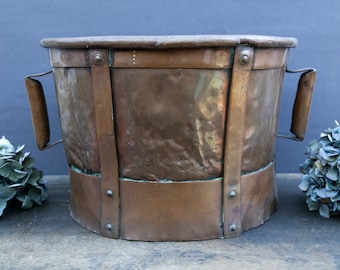 French antique hammered copper cauldron, Vintage big grain measure, Large planter pot, 19th century ice bucket