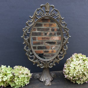 Vintage dressing table mirror brass, Antique vanity bathroom mirror, Standing dresser gold mirror