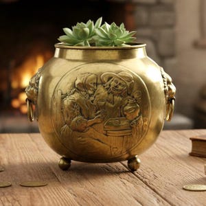 Antique French copper planter pot gold, Large brass window box vintage, French country decor