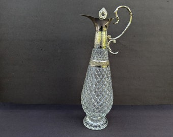 Antique French glass wine decanter, Vintage claret jug, Silver alcohol pitcher, Water carafe