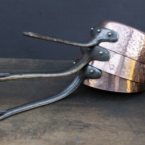 Vintage French hammered tin lined copper pans, Copper cookware, Country kitchen saucepan set